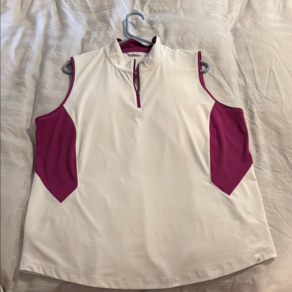 Lady Hagen Pink and White Sleeveless Tank Top with Mandarin Collar